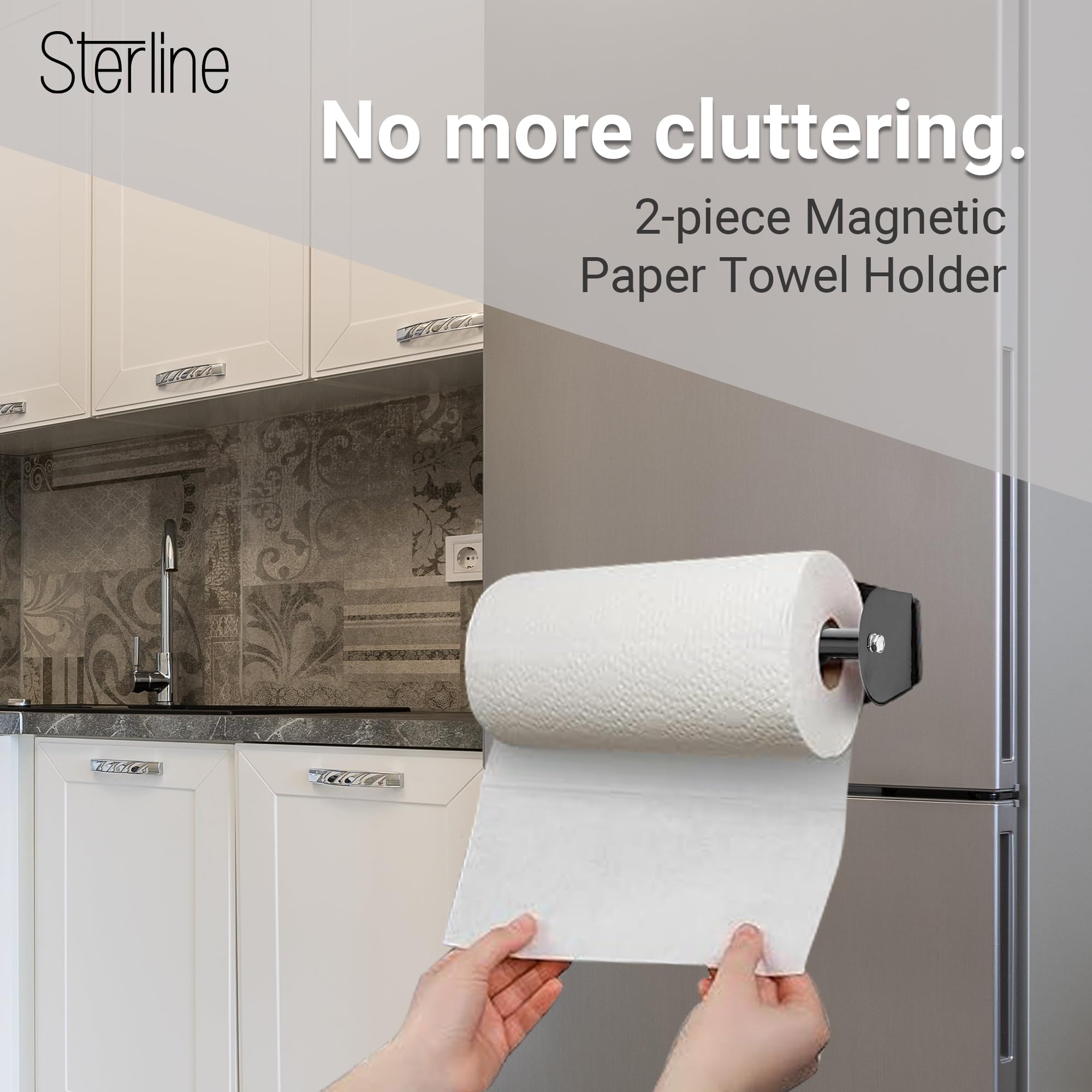 Sterline magnetic paper towel holder attached to refrigerator for easy reach.