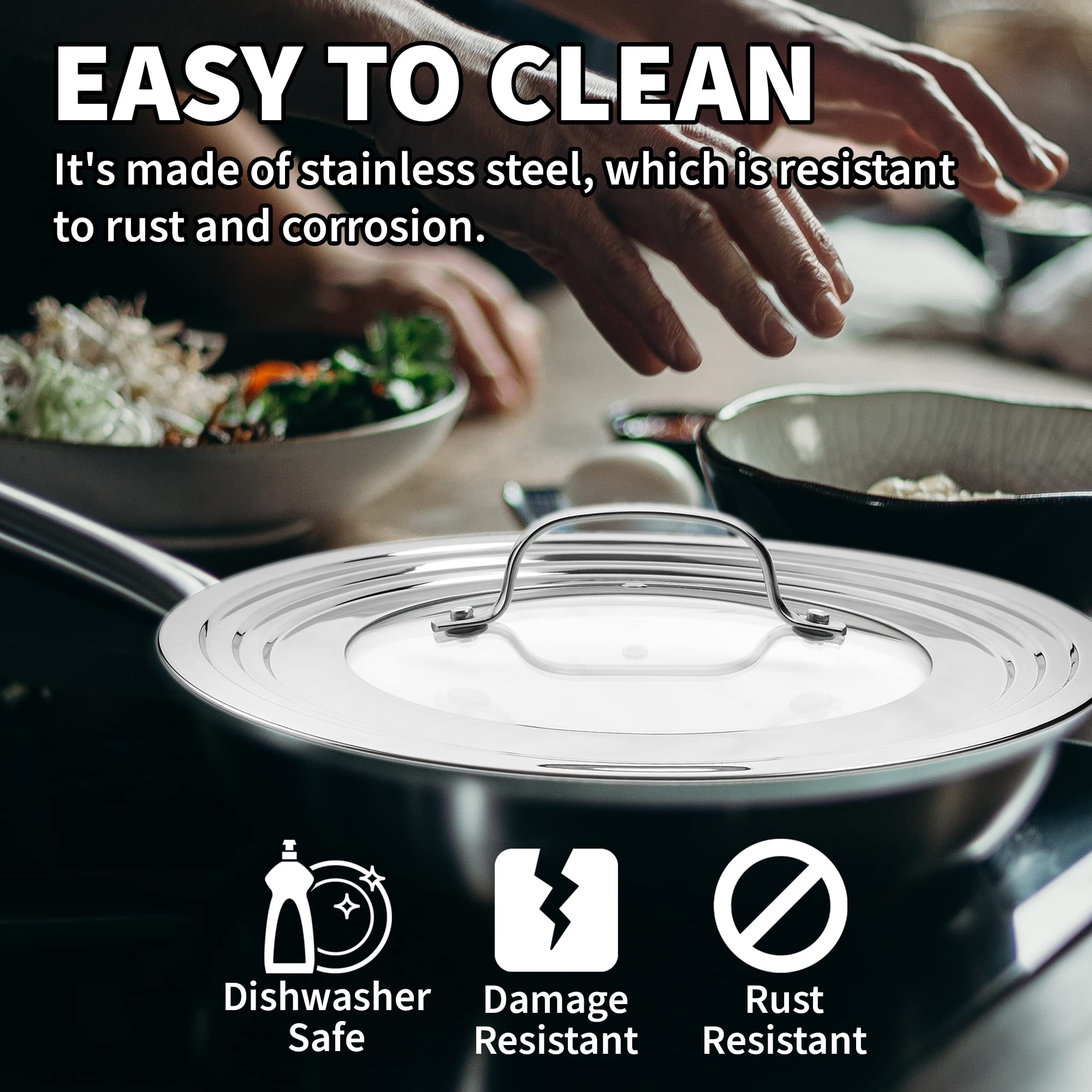 Sterline universal lids sturdy ergonomic handle for smooth lifting.