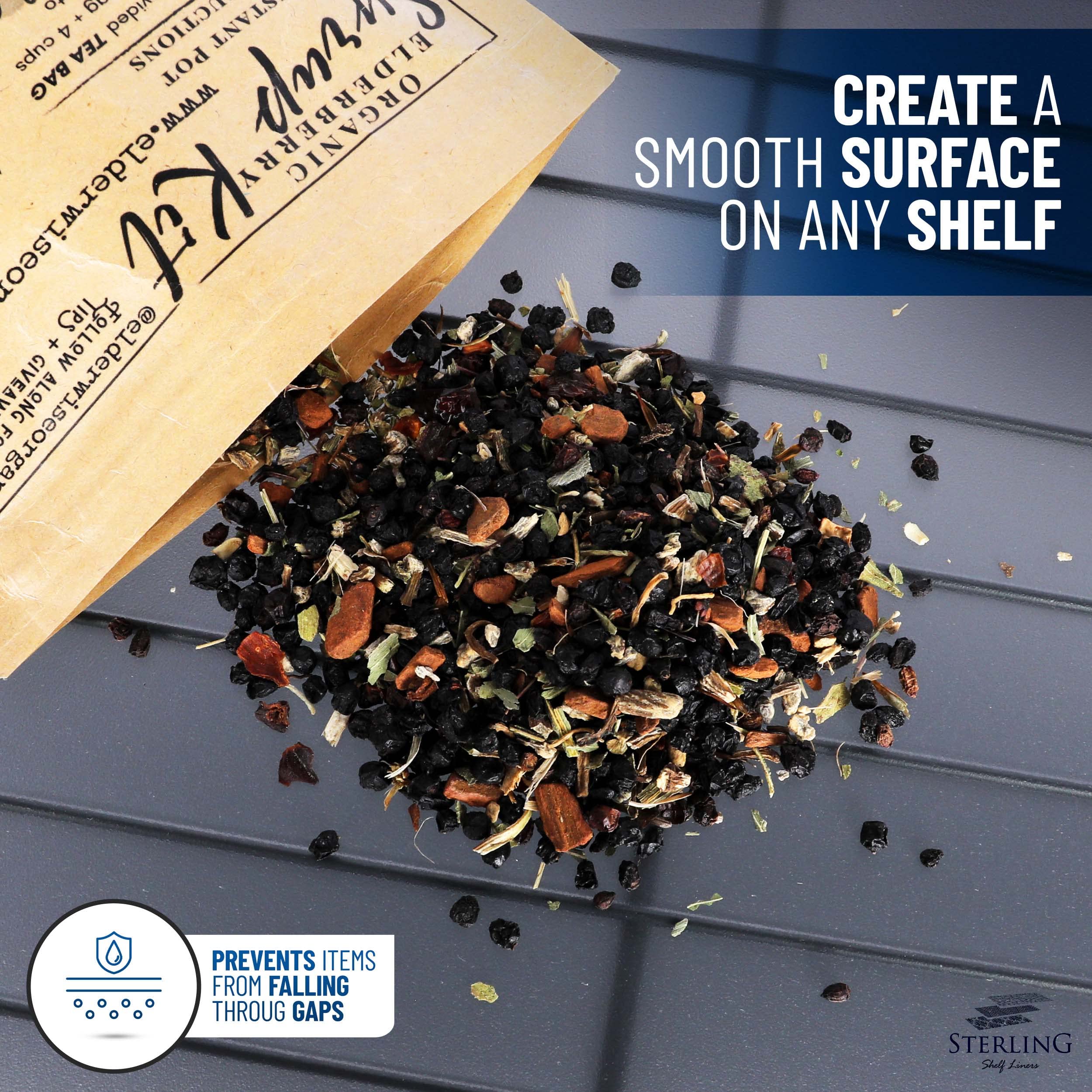 Sterling Shelf Liners graphite easy-clean surface for quick maintenance on shelves.