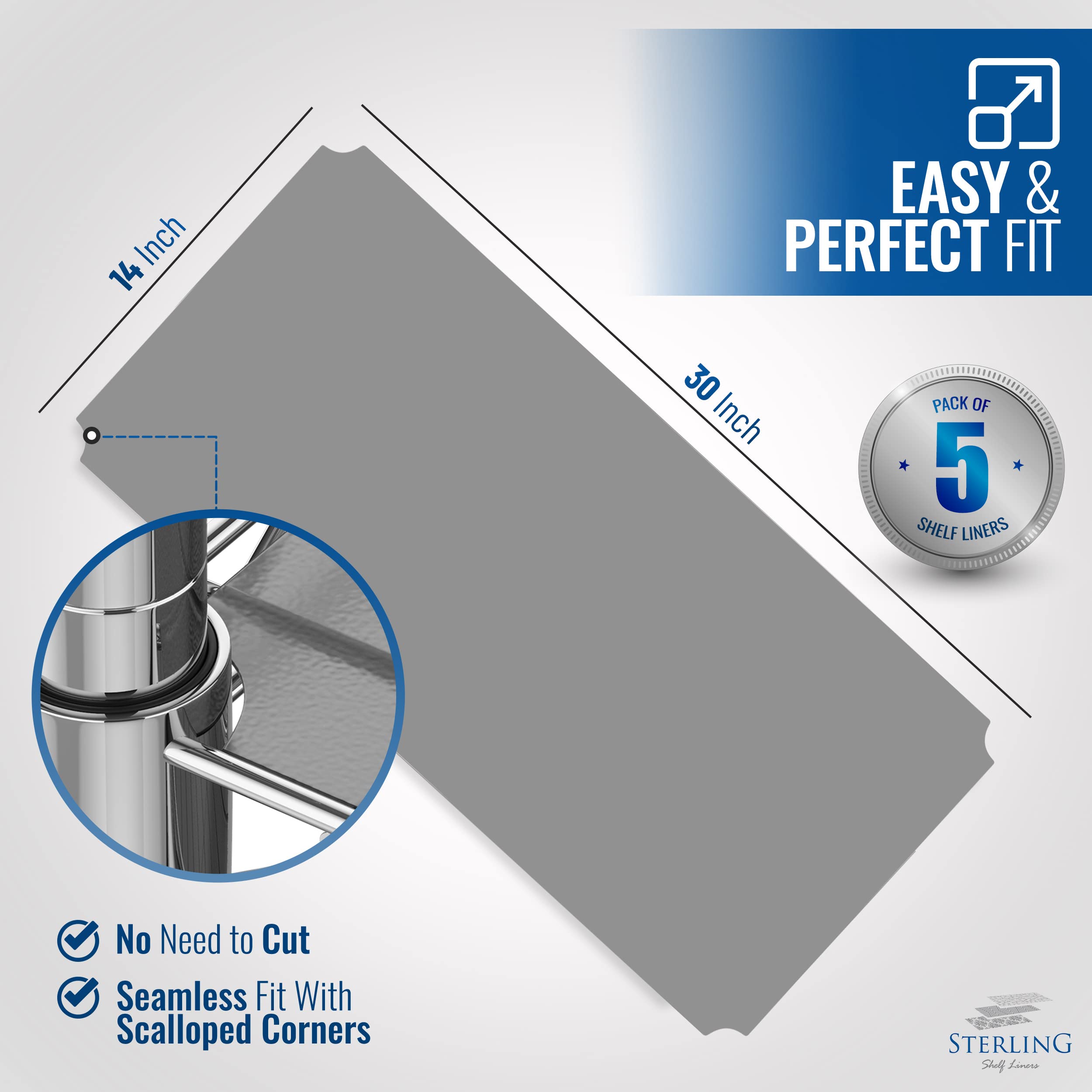 Sterling Shelf Liners graphite, flat-pack packaging, ships flat for quick, wrinkle-free installation.