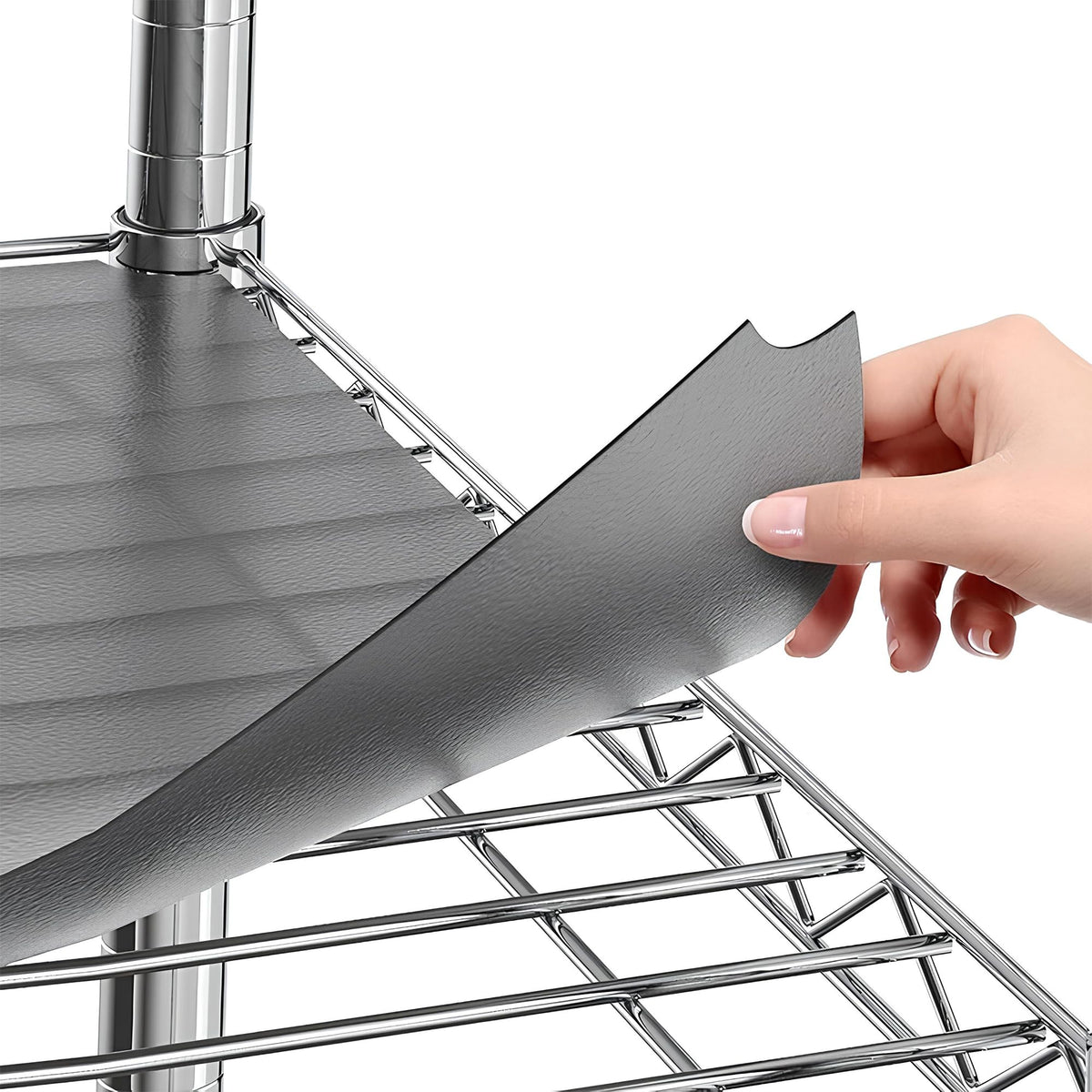 Sterling Shelf Liners in graphite, front view, durable set for 14x30 wire shelves for home pantry organization.