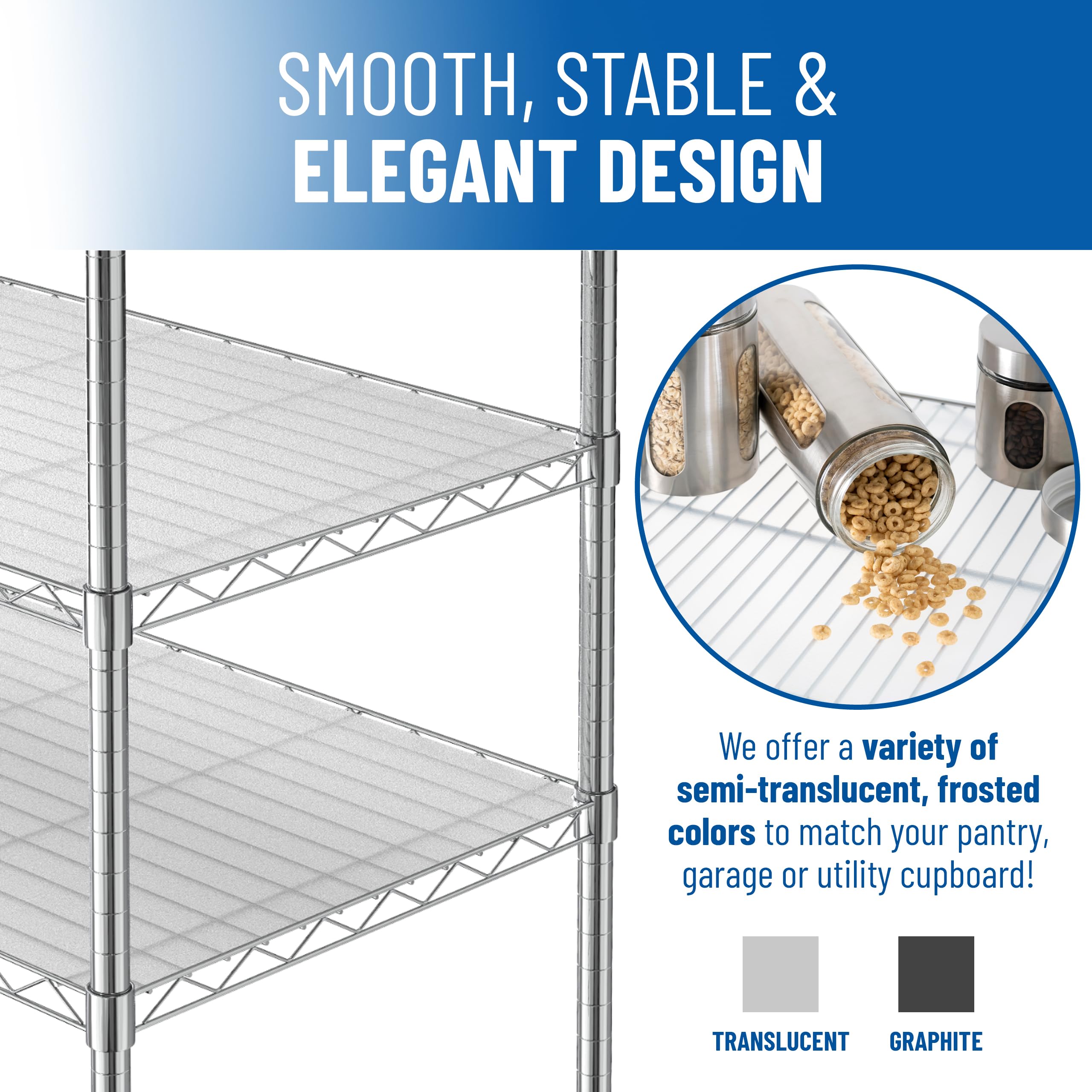 Sterling Shelf Liners graphite color complements kitchen and utility room decor.