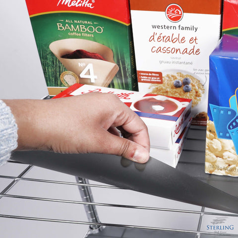 Sterling Shelf Liners graphite, 30-gauge polypropylene provides durable, heavy-duty use.