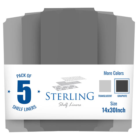 Sterling Shelf Liners graphite, installation on wire shelves, precise fit for 13.27 x 29.13 inch opening.