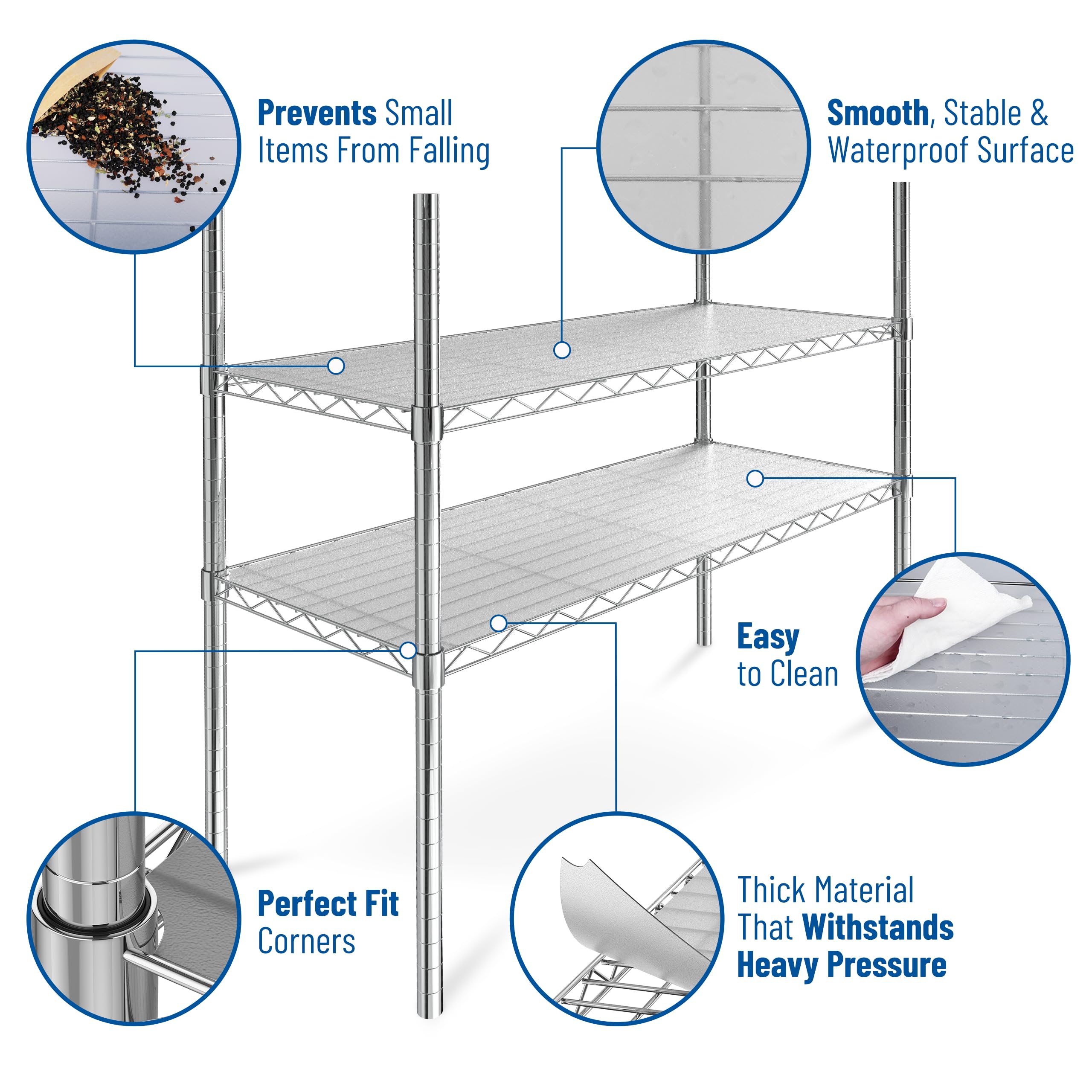 Sterling Shelf Liners graphite on pantry shelves, waterproof surface helps contain spills.