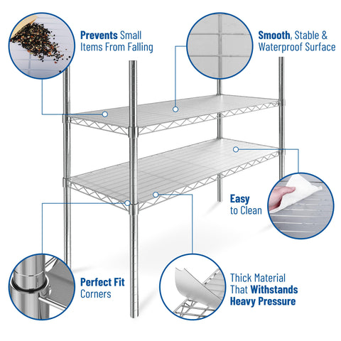 Sterling Shelf Liners graphite on pantry shelves, waterproof surface helps contain spills.