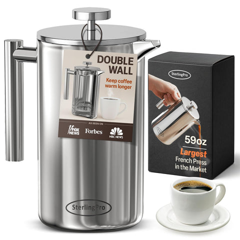 SterlingPro extra-large French Press front view showing 59 oz capacity for batch brews.