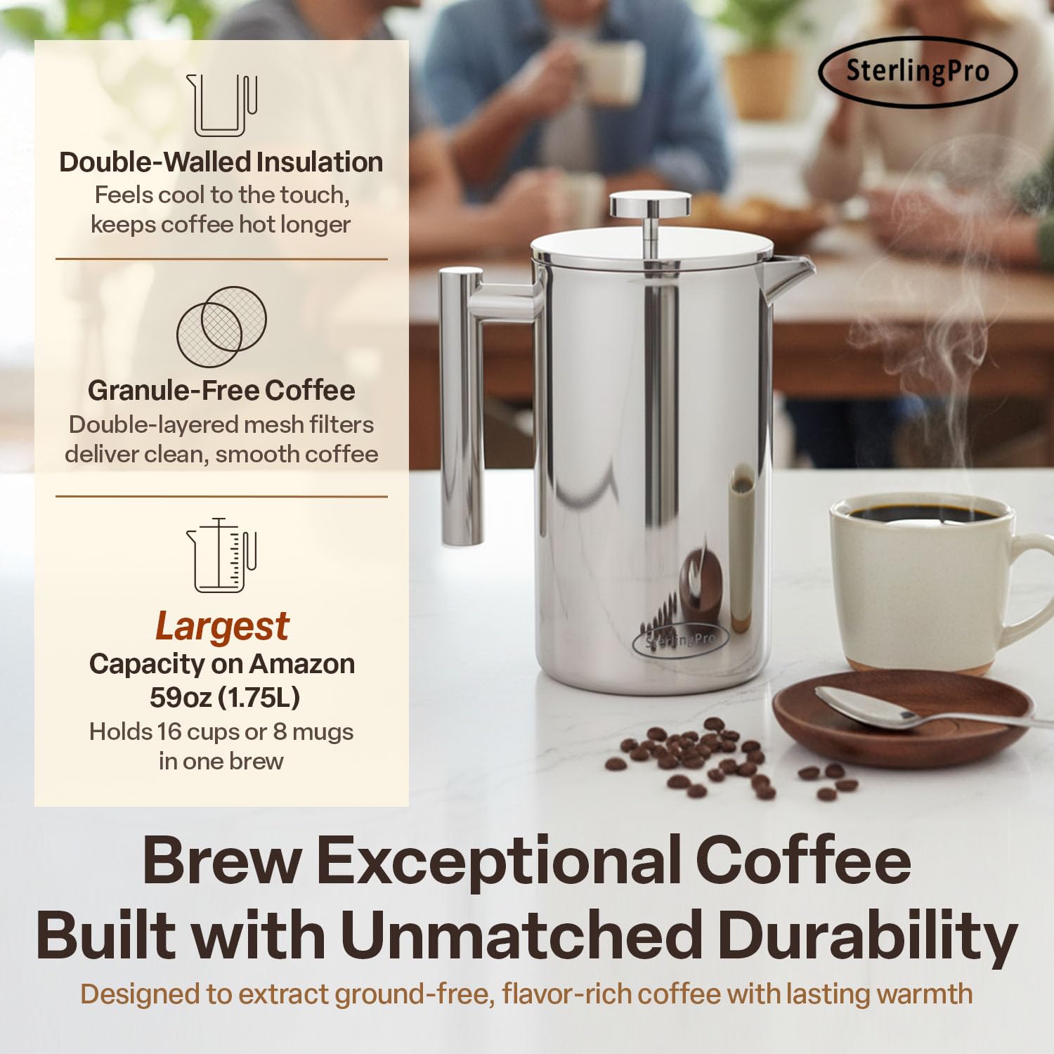 SterlingPro French Press 59oz lid assembly close-up highlighting secure seal for hot brews.