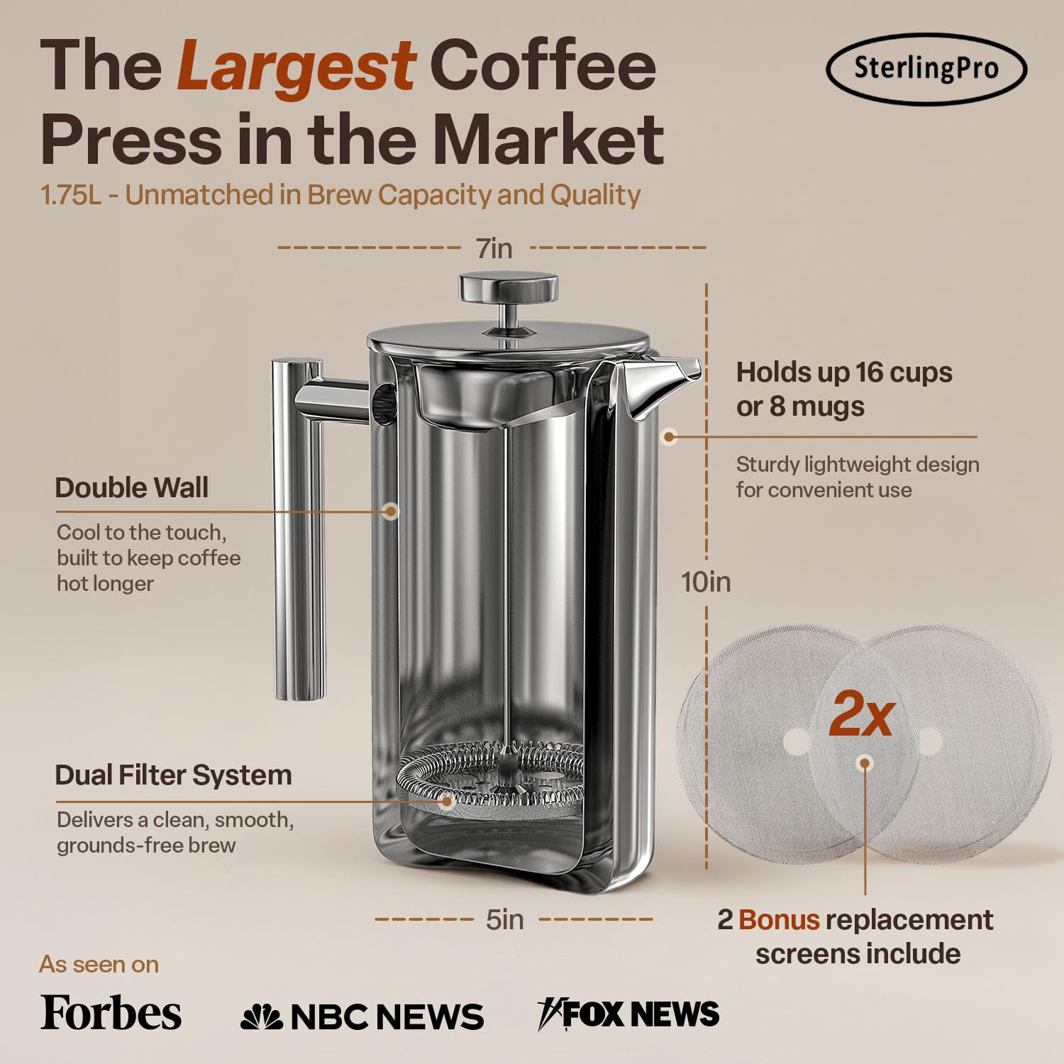 SterlingPro French Press outer shell with mirror finish emphasizes stylish durability for kitchen use.