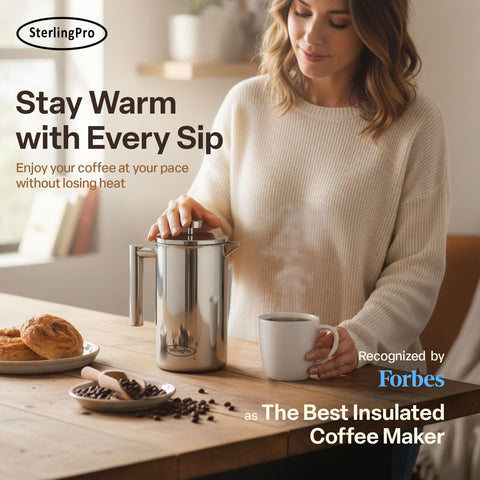 SterlingPro French Press pouring coffee into a cup, ready for mornings.