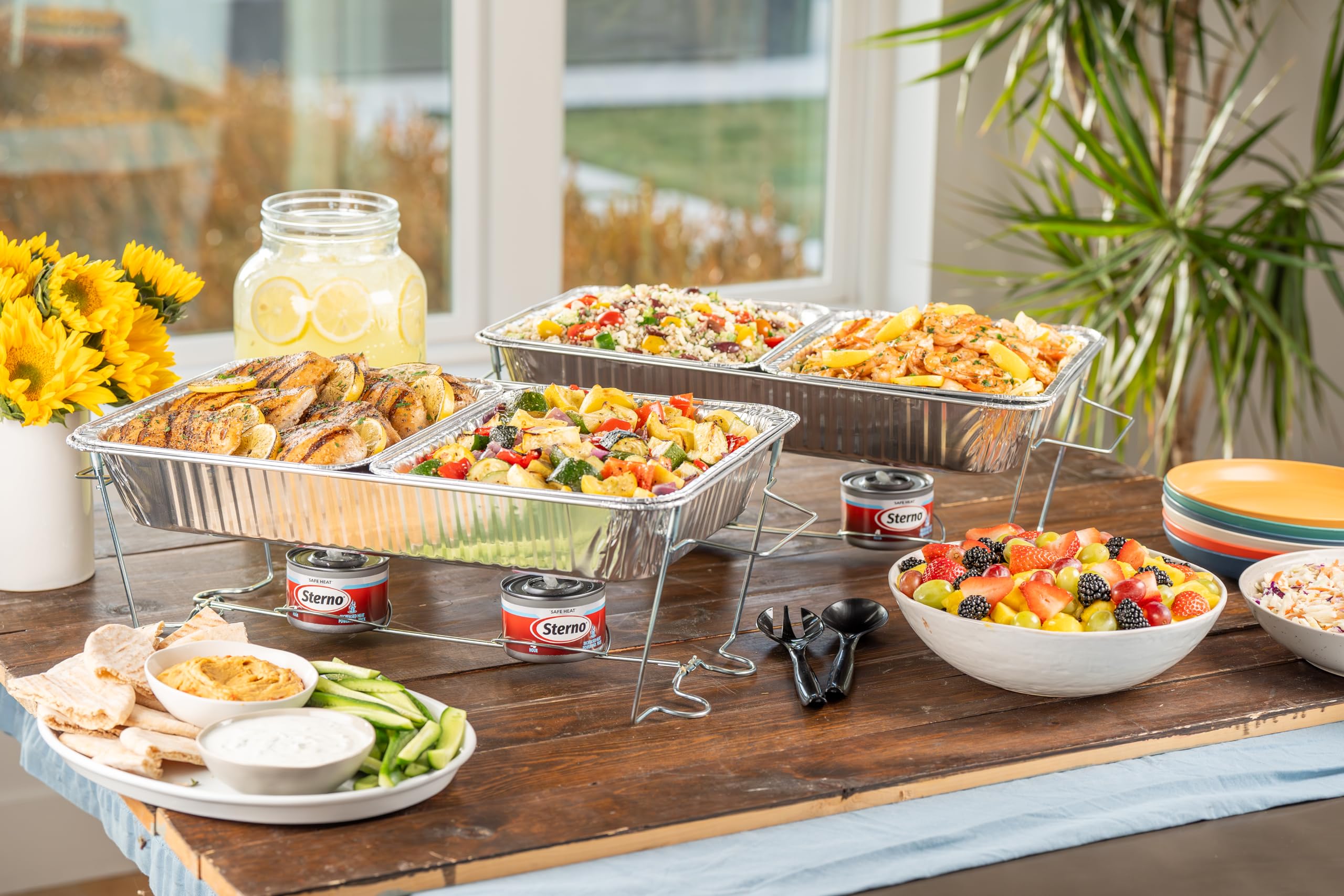 Sterno chafer fuel can in buffet setup keeps dishes warm.