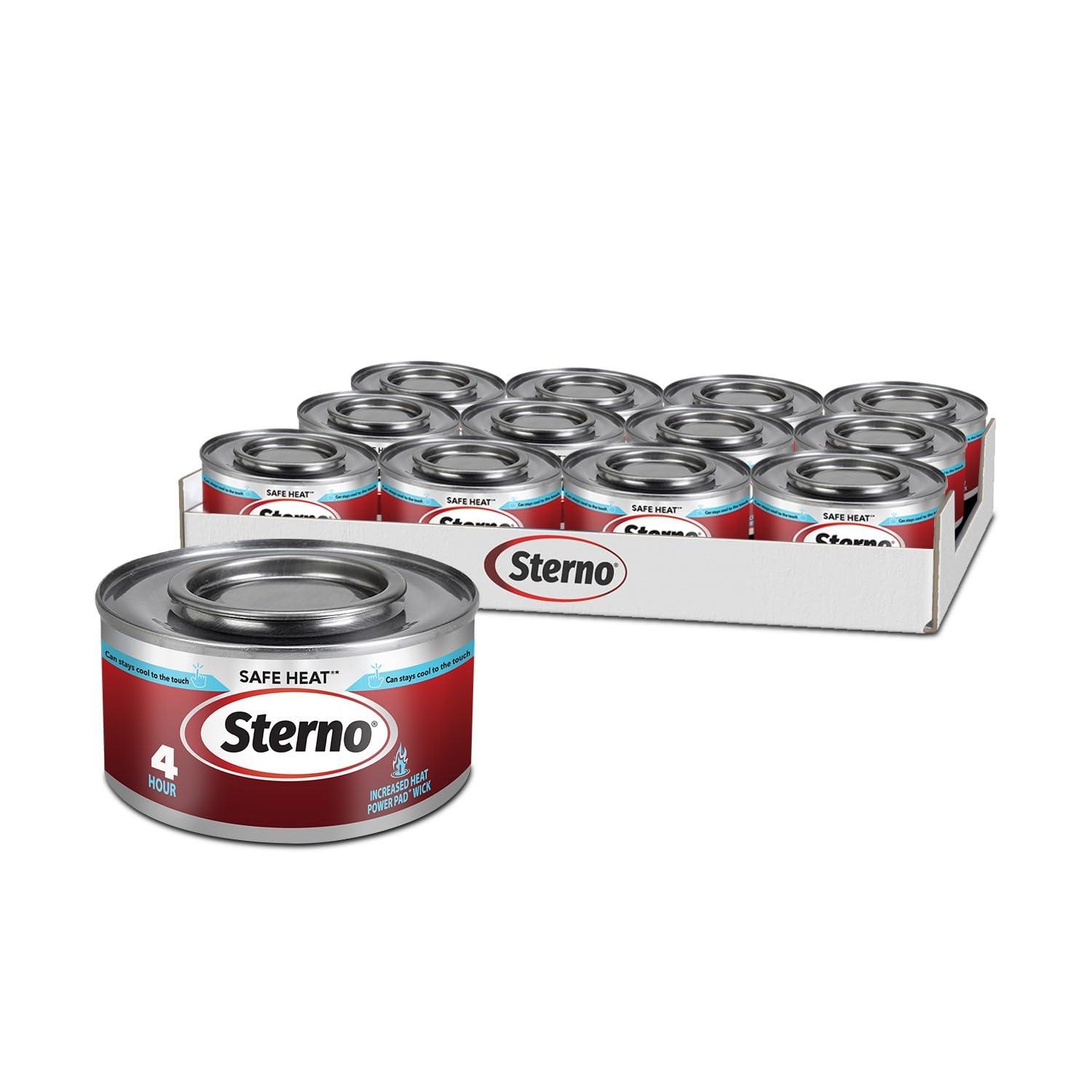 Sterno fuel cans in a 24-pack showing four-hour burn for events.