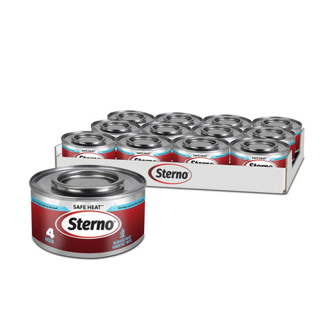 Sterno fuel cans in a 24-pack showing four-hour burn for events.