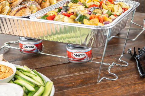Sterno wide-pad heat element providing consistent serving temperatures.