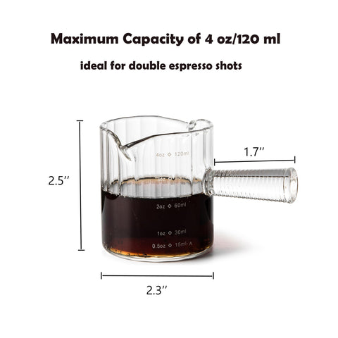 Steviieden two-way spout on demitasse cup for clean, versatile pouring.
