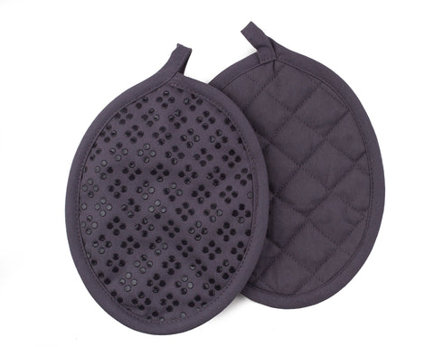 Sticky Toffee gray pot holders with loop for easy hanging.