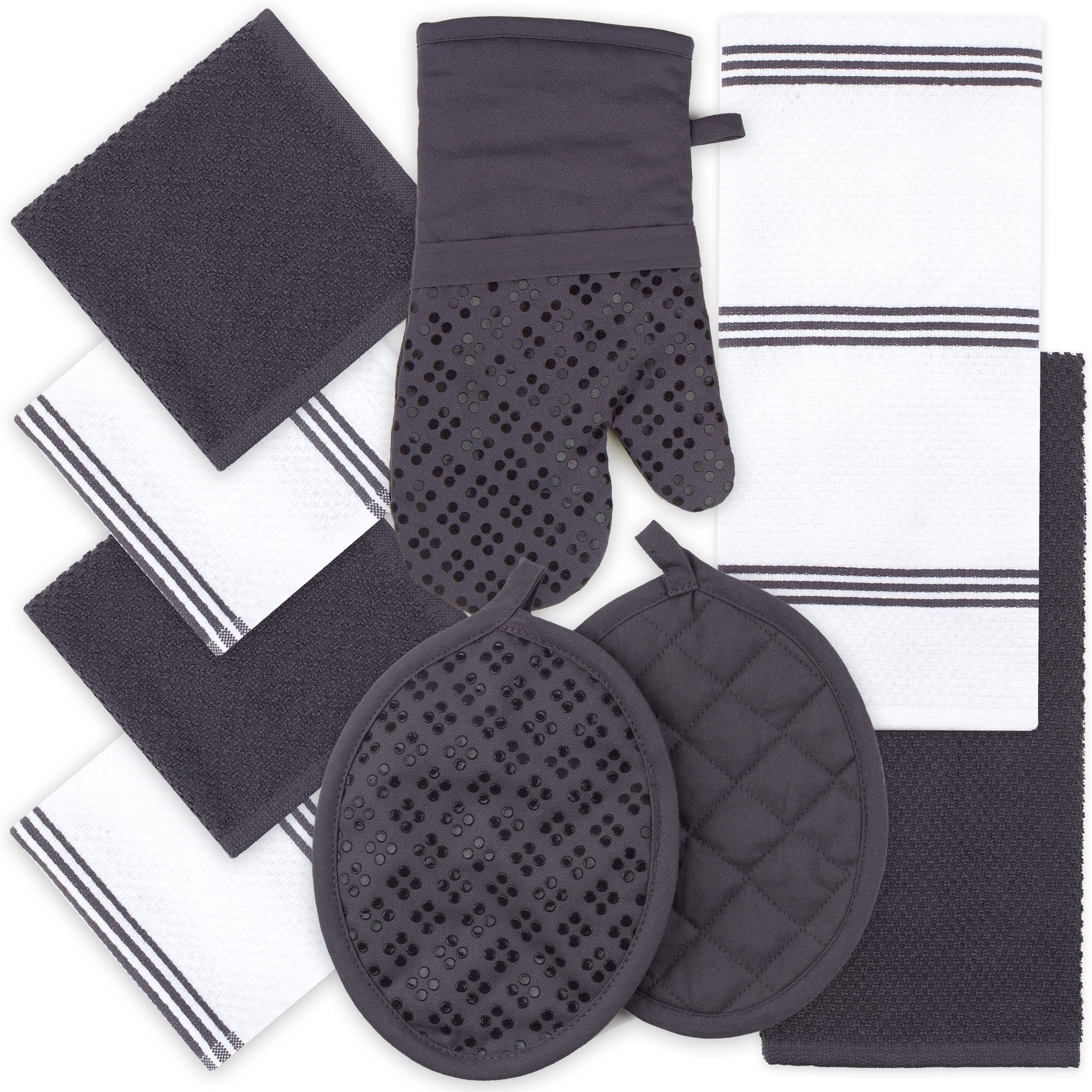 Sticky Toffee 9-piece gray kitchen towels for quick spill cleanup.