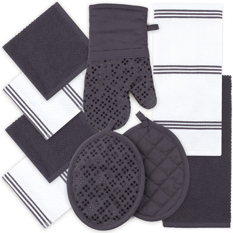 Sticky Toffee 9-piece gray kitchen towels for quick spill cleanup.