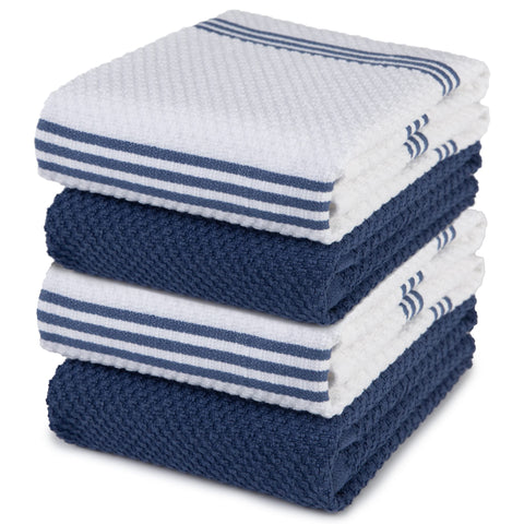 Sticky Toffee cotton towels on rack in dark blue and white for stylish air-drying