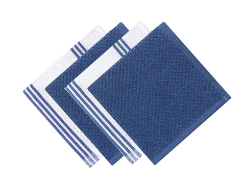 Sticky Toffee dark blue towels on a rack demonstrate easy hanging loop.