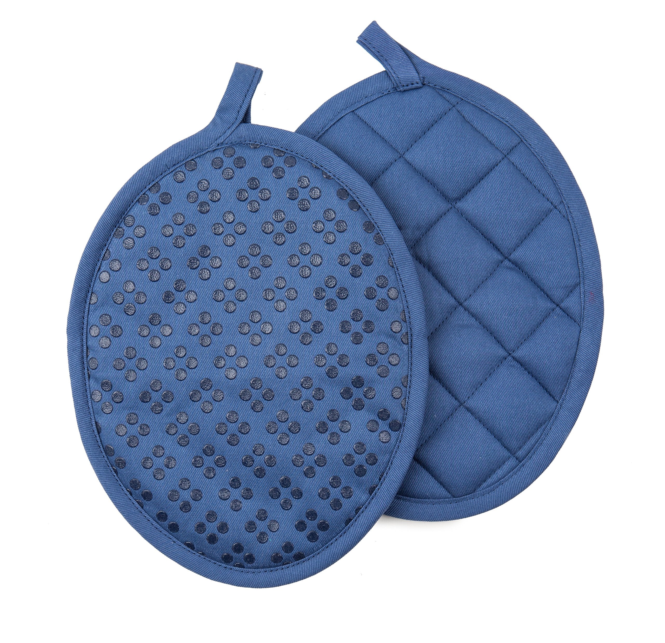 Sticky Toffee dark blue pot holders showcase heat-ready design up to 500°F.