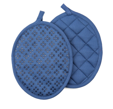 Sticky Toffee dark blue pot holders showcase heat-ready design up to 500°F.