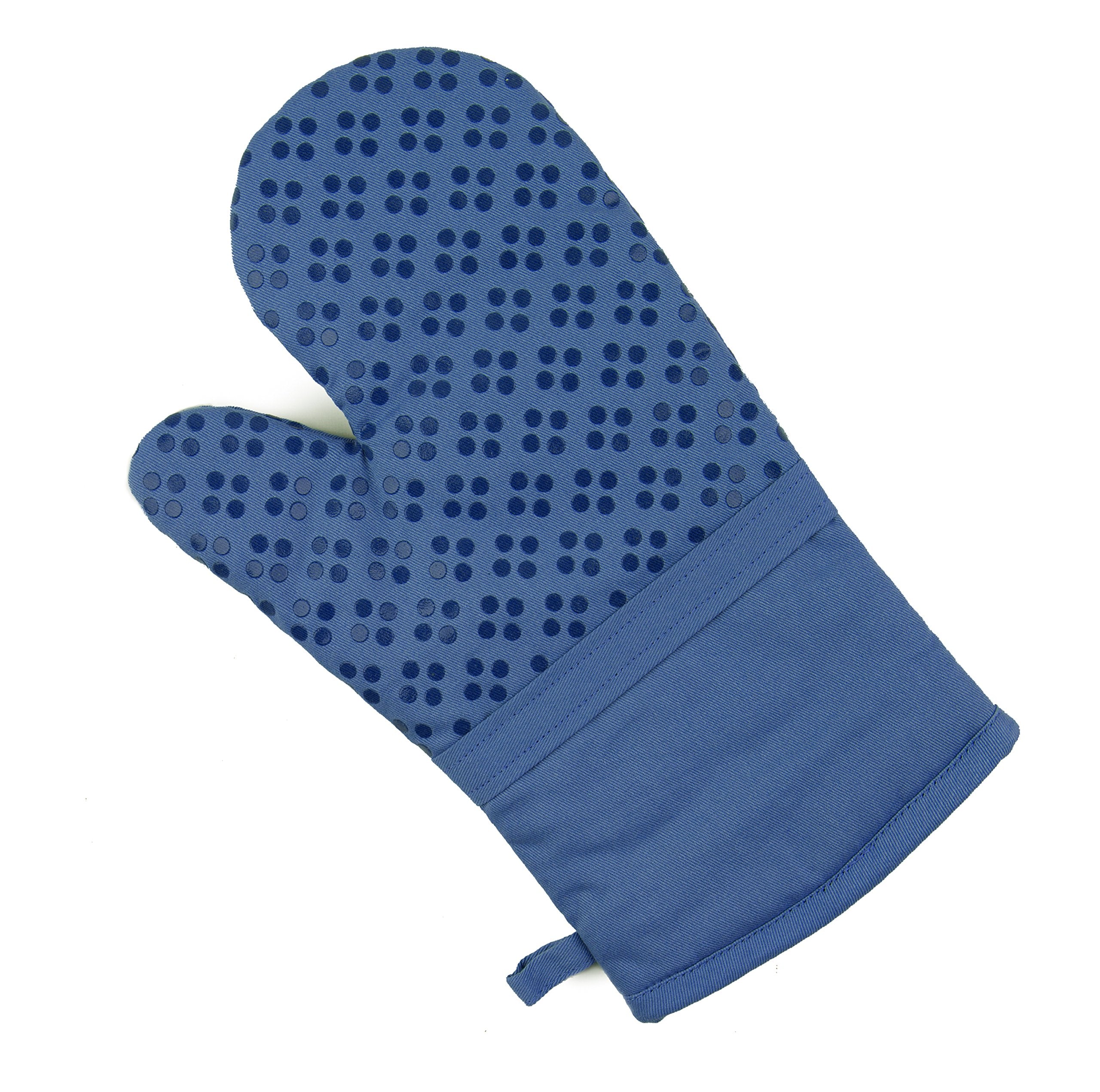 Sticky Toffee dark blue oven mitt highlights non-slip silicone grip for safe handling.