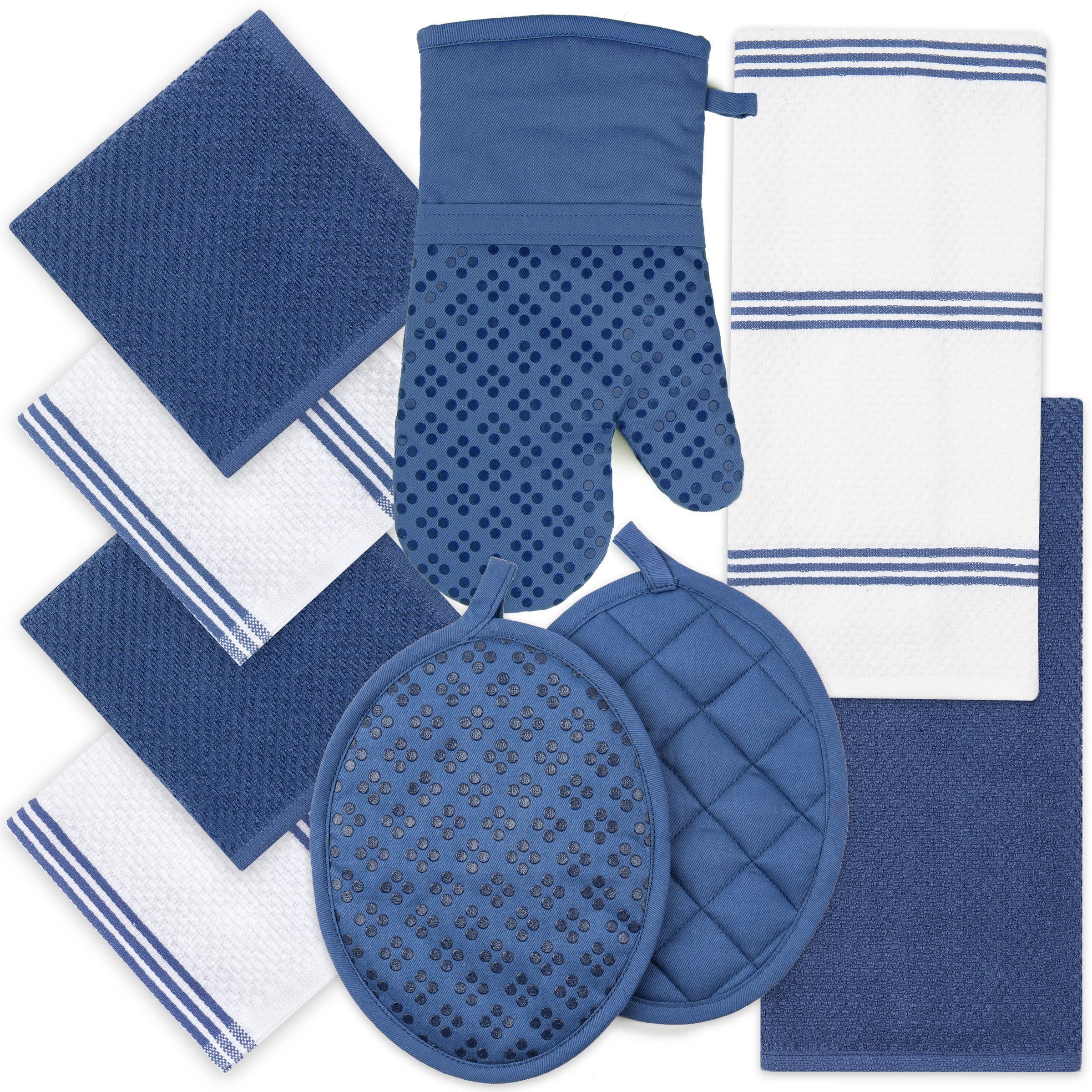 Sticky Toffee dark blue terry towels absorb spills quickly and feel plush.