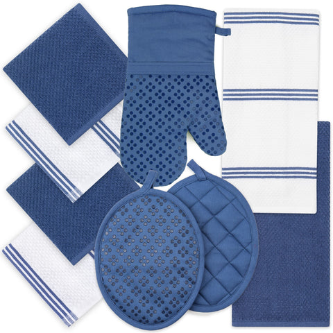 Sticky Toffee dark blue terry towels absorb spills quickly and feel plush.