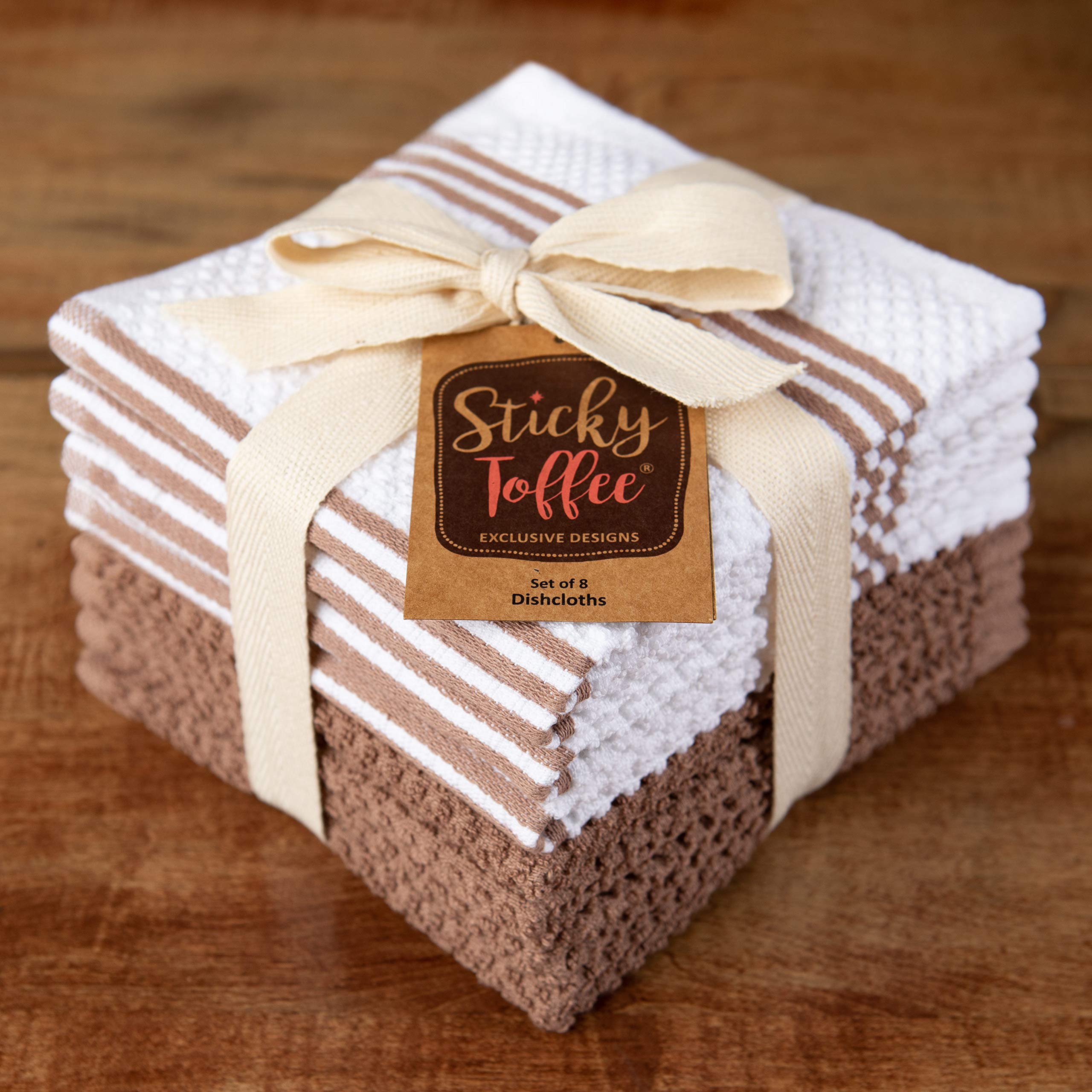 Sticky Toffee dishcloths in kitchen use for wiping counters and cleaning