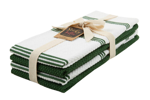 Sticky Toffee solid and stripe towels in color mix ideal for coordinated kitchen decor