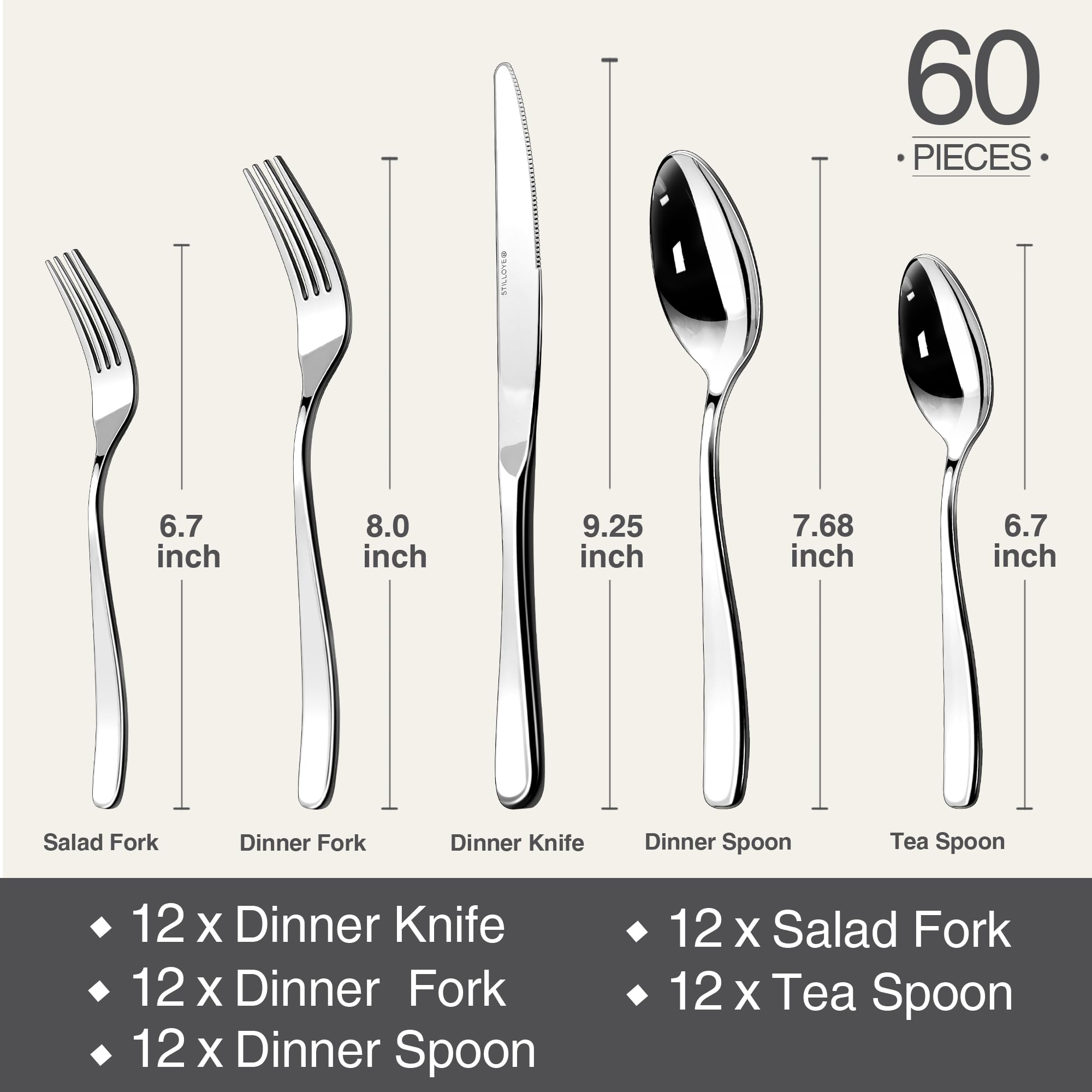 Stilloye silverware set dishwasher-safe icon demonstrates easy cleaning and everyday practicality.