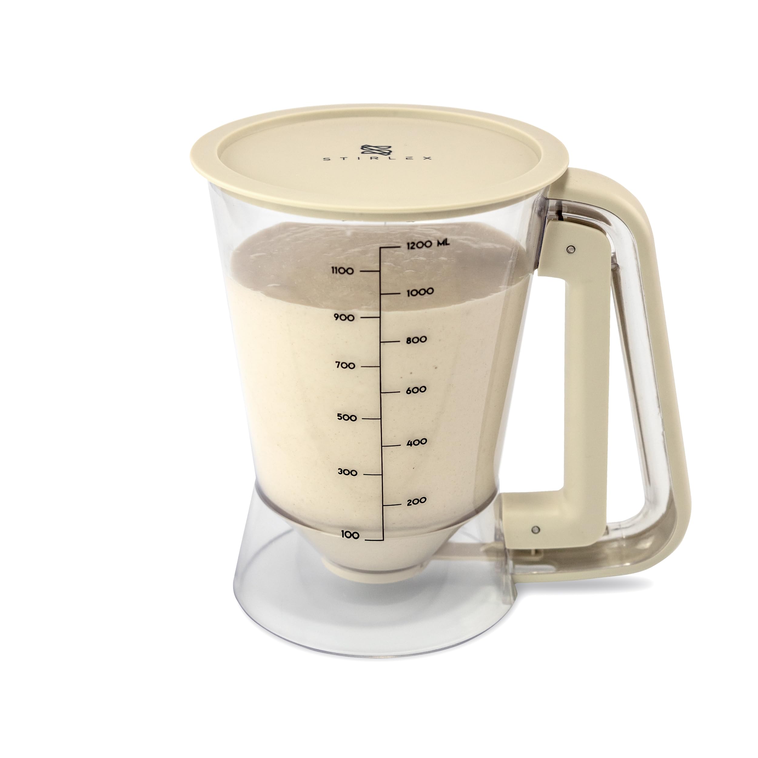 STIRLEX batter dispenser pouring action showing controlled, mess-free batter flow