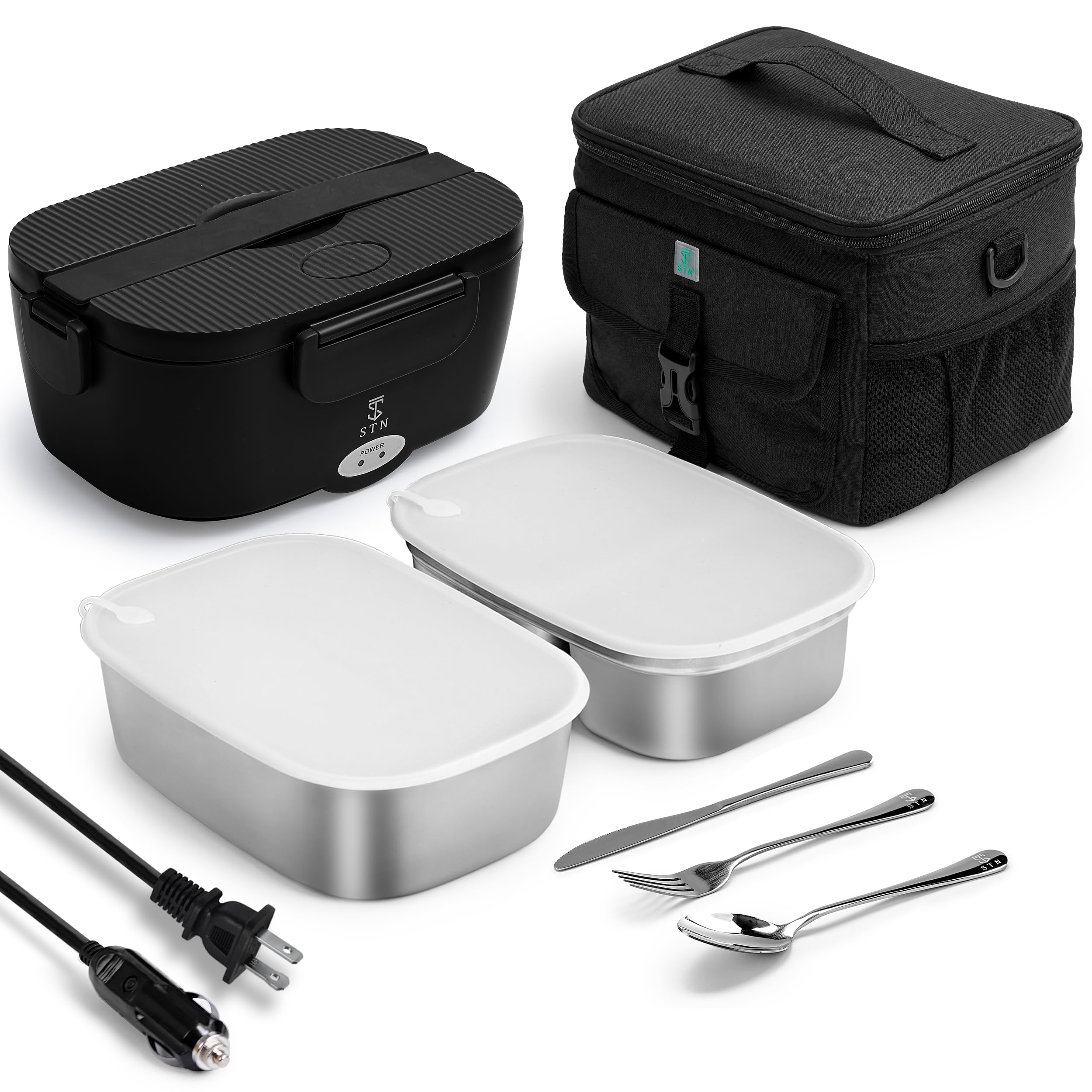 STN Electric Lunch Box open lid demonstrates quick heat for desk lunches.
