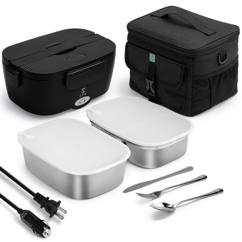 STN Electric Lunch Box open lid demonstrates quick heat for desk lunches.