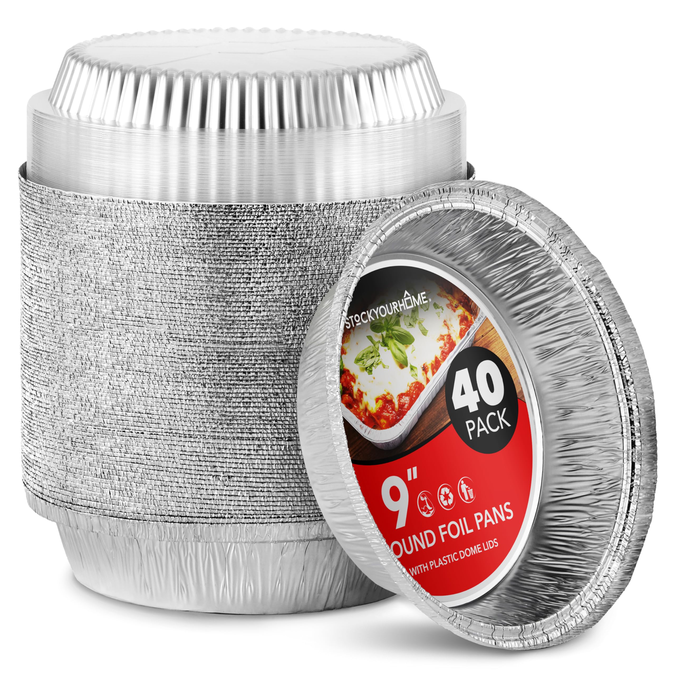 Stock Your Home 9-inch round foil pan with clear dome lid for secure transport of baked goods.