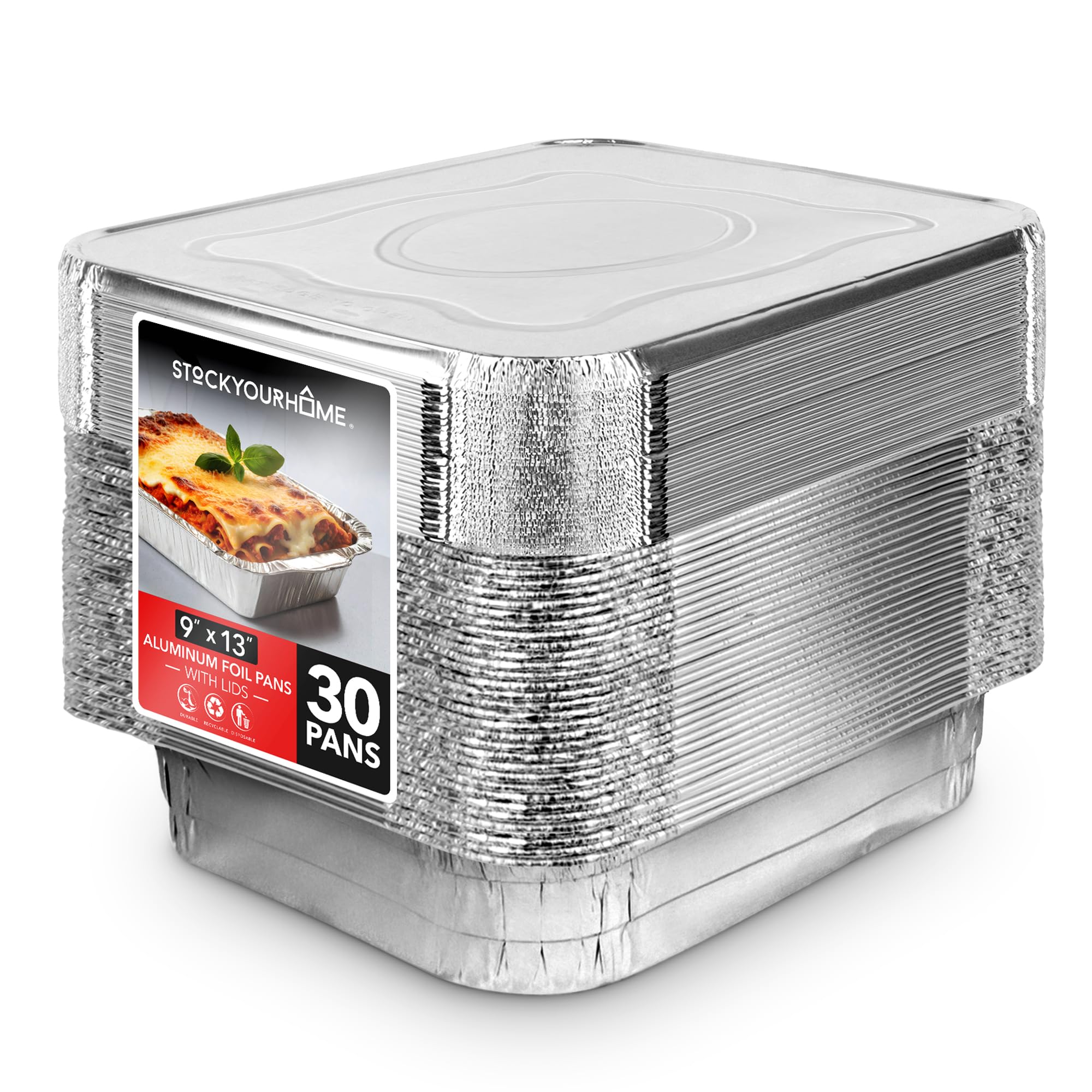 Stock Your Home 9x13 aluminum pans with lids for even baking and easy transport.