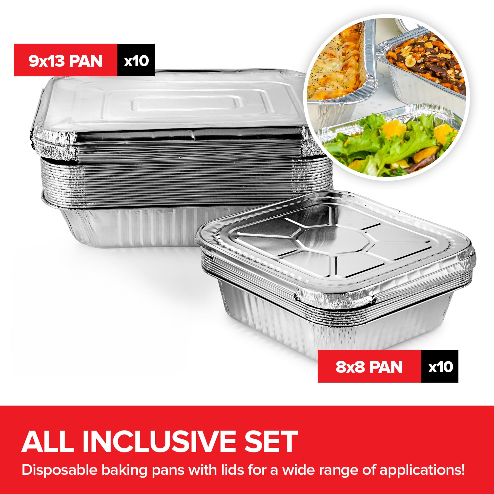 Stock Your Home disposable foil pans with lids in 8x8 for convenient portions and storage.