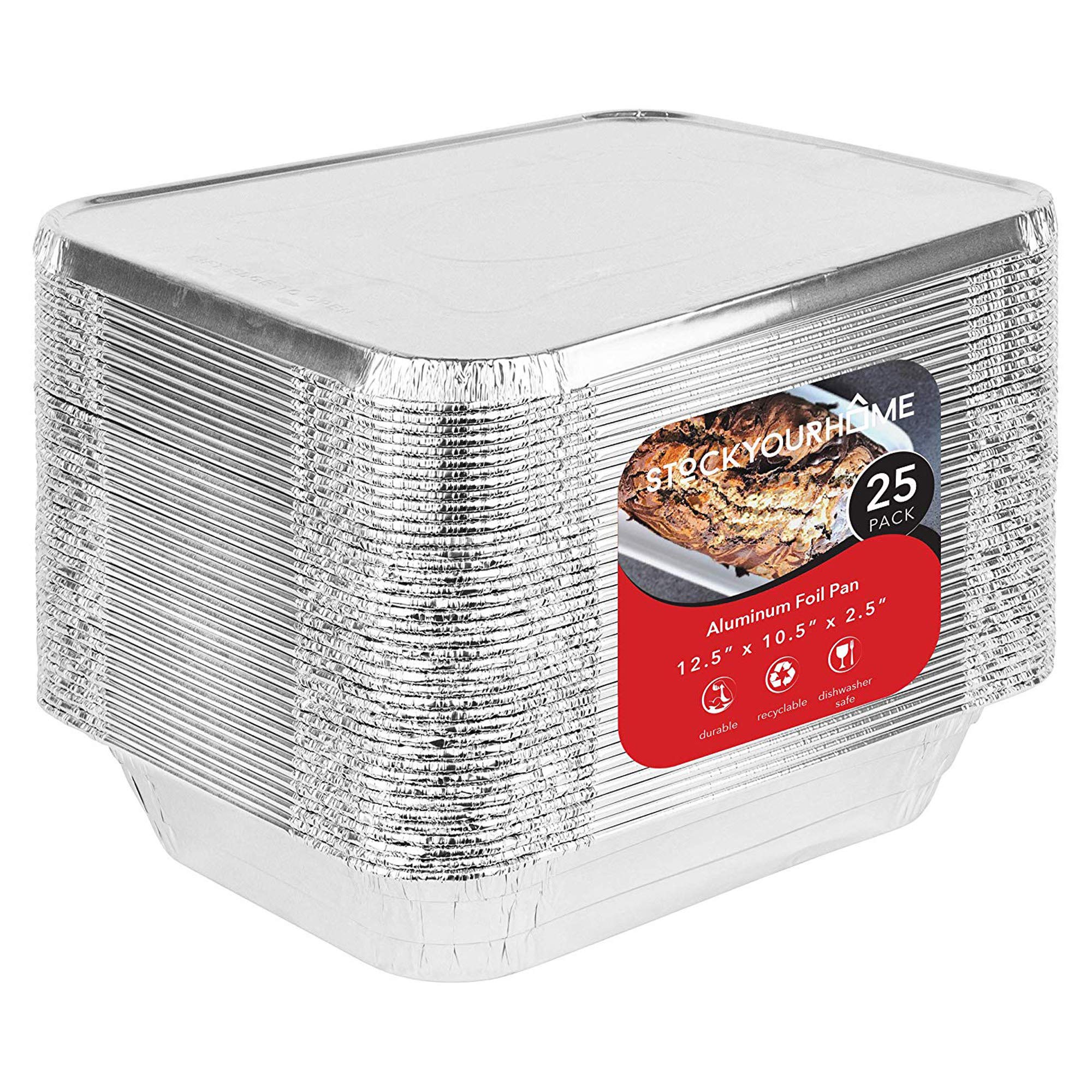 Stock Your Home foil pans with lids provide sturdy 9x13 bakeware for effortless meal prep and delivery.