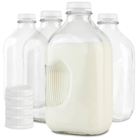 Stock Your Home half-gallon glass milk bottle with lid in fridge for crisp, reusable storage.