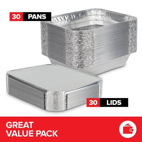 Stock Your Home heavy-duty foil pans with lids secure food for on-the-go meals.