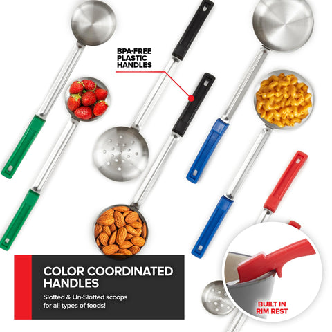 Stock Your Home 4oz green unslotted spoon for portioning sides.