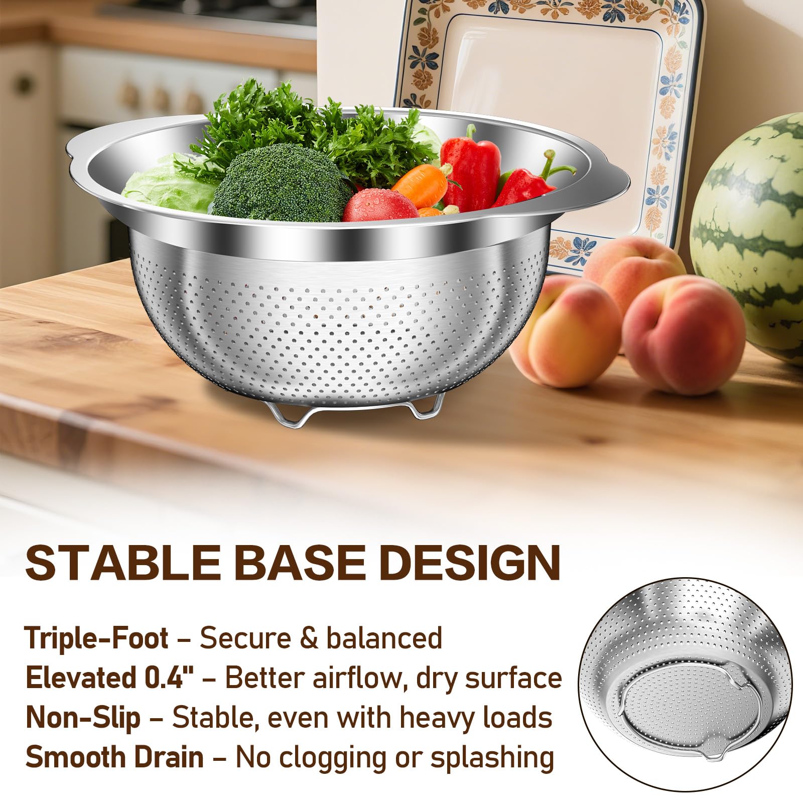 STOCKPOT colander unbreakable handles provide secure grip even when draining hot foods