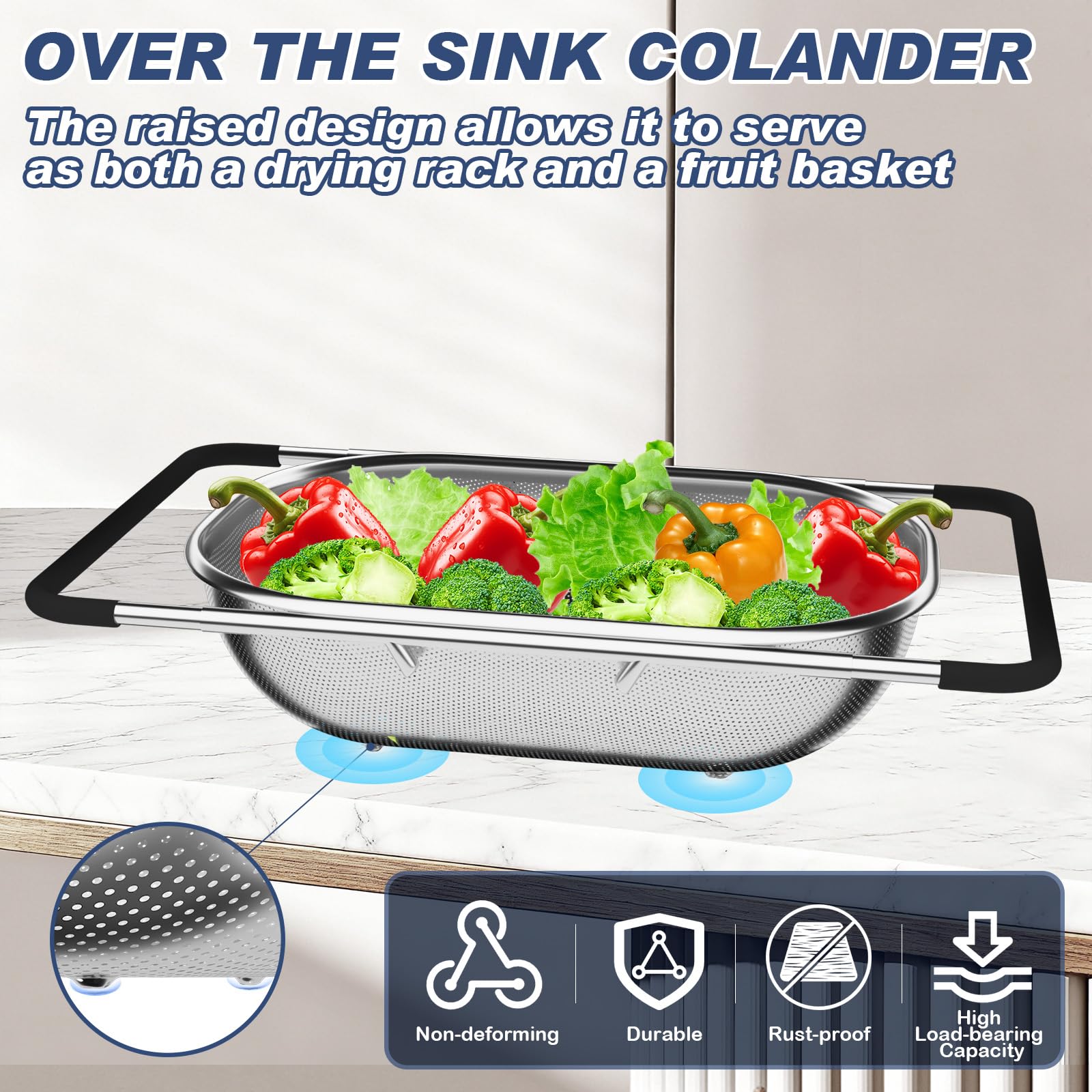 StockPot fine-mesh strainer with 1mm weave keeps small foods inside while draining water