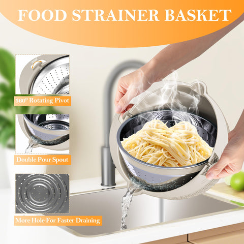 Stockpot nesting design shows strainer tucked inside the bowl for space-saving storage.