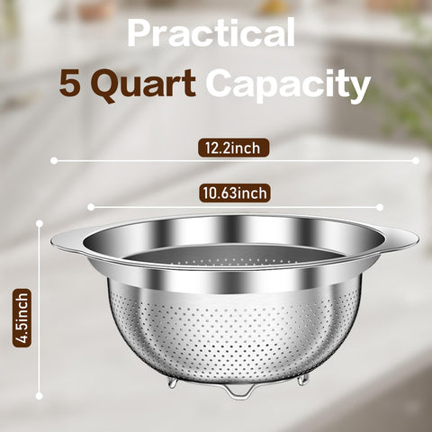 STOCKPOT 5-quarts colander fits bowls and pots for versatile draining.