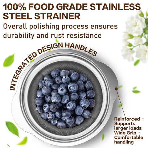 STOCKPOT colander with non-slip feet for stable draining and spill-free use.
