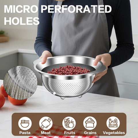 STOCKPOT colander with unbreakable one-piece handles for secure, comfortable serving.