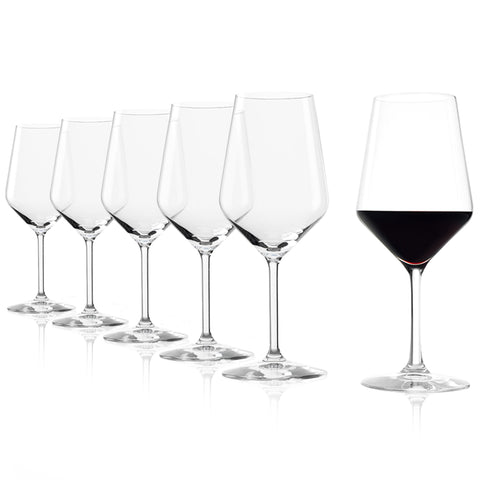 Stölzle Lausitz Revolution red wine glasses set of 6 on table for stylish entertaining.