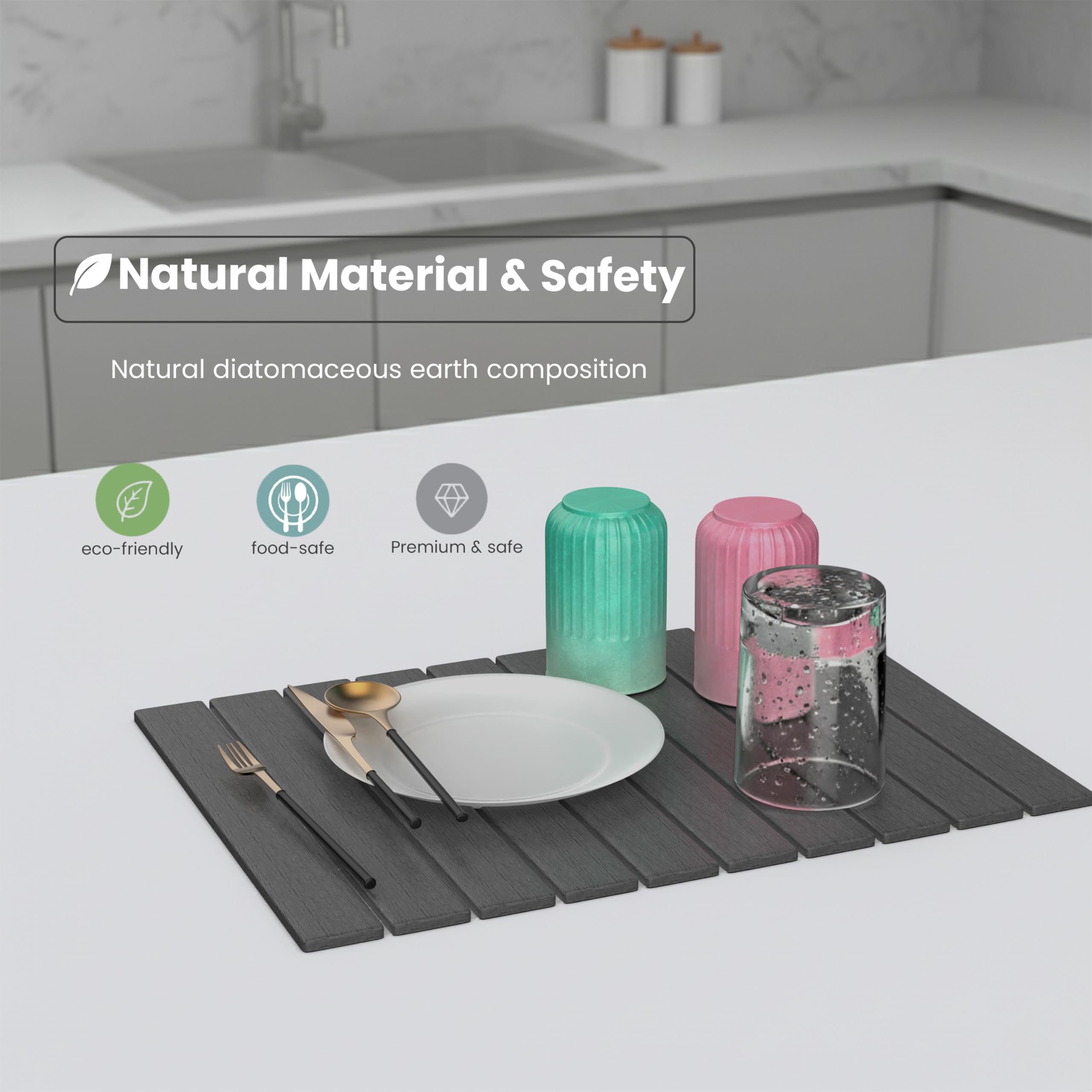 STONITE easy-clean dish mat; hand-washable for quick maintenance.